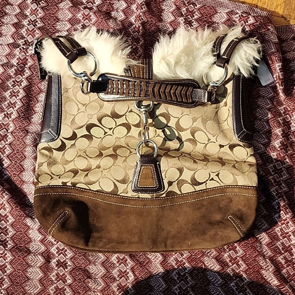 Coach signature shearling shoulder tote